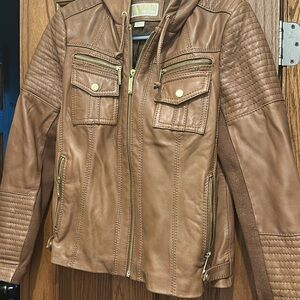 Michael Kors Tan Leather Jacket with Quilted Accents